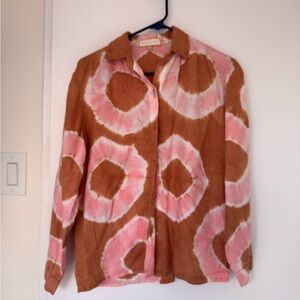 Martha Rey Woven Tie-Dye Button-Down Shirt — Pink & Brown